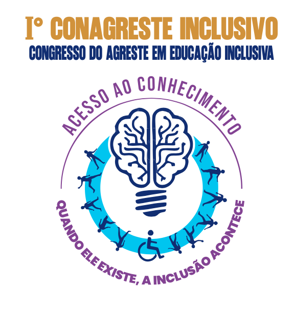 Identidade visual: Iº Conagreste Inclusivo — Congresso do Agreste em Educação Inclusiva; símbolo com cérebro em lâmpada, pessoas em círculo e lema em arco.