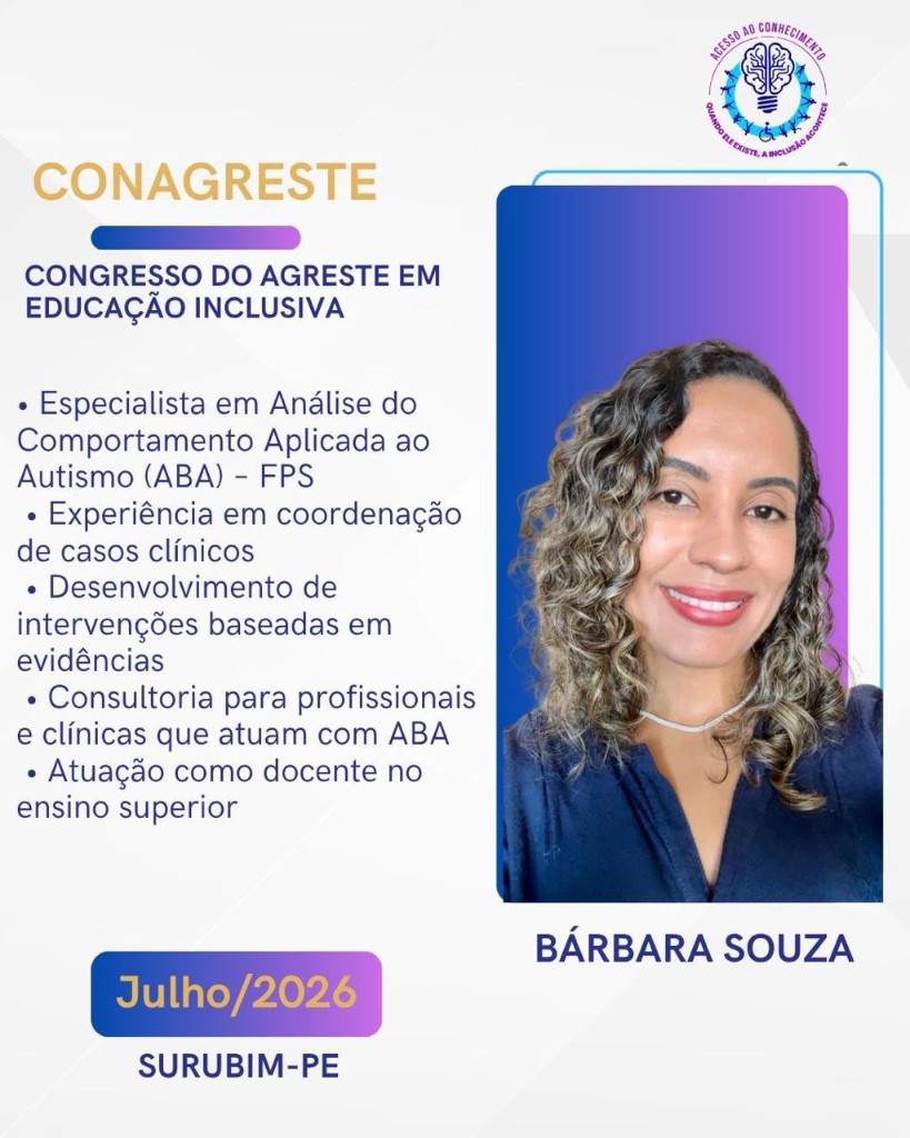 CONAGRESTE Inclusivo 2026 — cartaz oficial da palestrante Bárbara Souza. Congresso do Agreste em Educação Inclusiva. Julho de 2026. Surubim-PE.