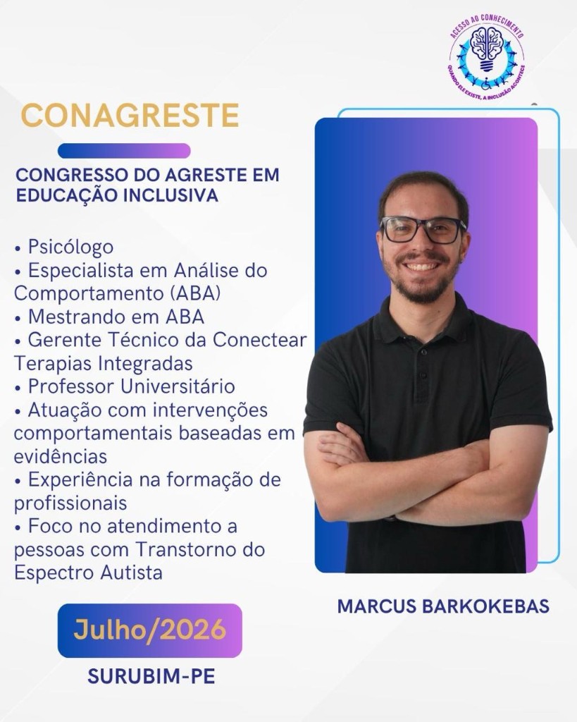 CONAGRESTE Inclusivo 2026 — cartaz oficial do palestrante Marcus Barkokebas. Congresso do Agreste em Educação Inclusiva. Julho de 2026. Surubim-PE.