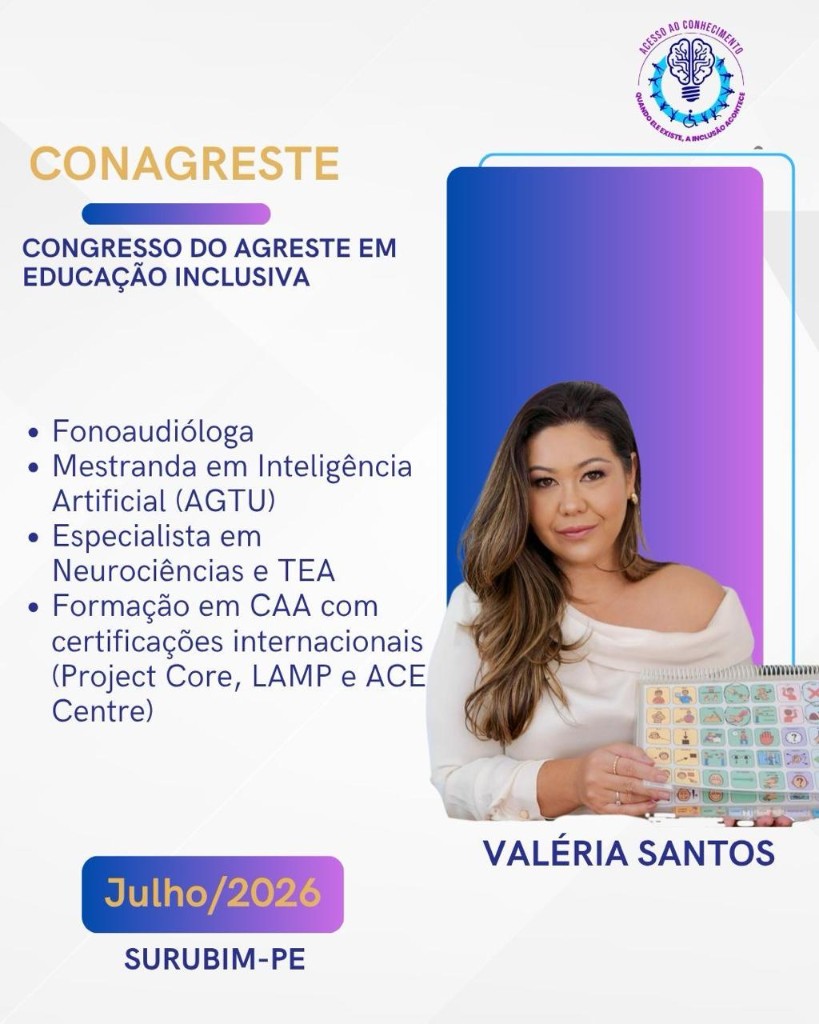 CONAGRESTE Inclusivo 2026 — cartaz oficial da palestrante Valéria Santos. Congresso do Agreste em Educação Inclusiva. Julho de 2026. Surubim-PE.